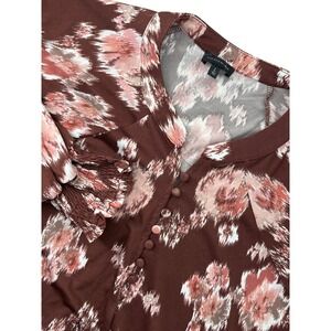 Buckle Black Womens L Brown Pink Ikat Floral Split Neck‎ Button Blouse Large